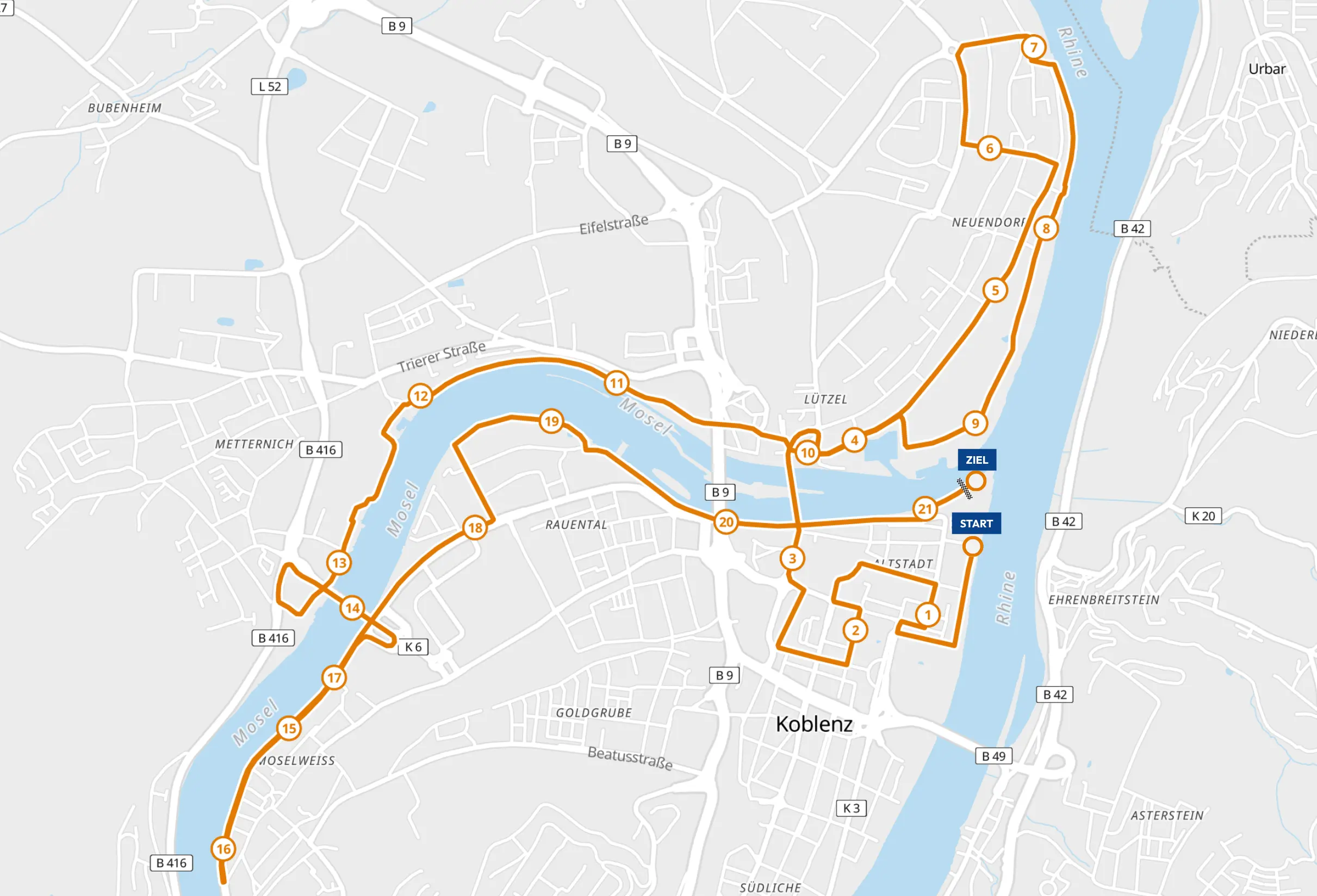 Streckenverlauf des Halbmarathons Koblenz mit Start und Ziel am Rhein